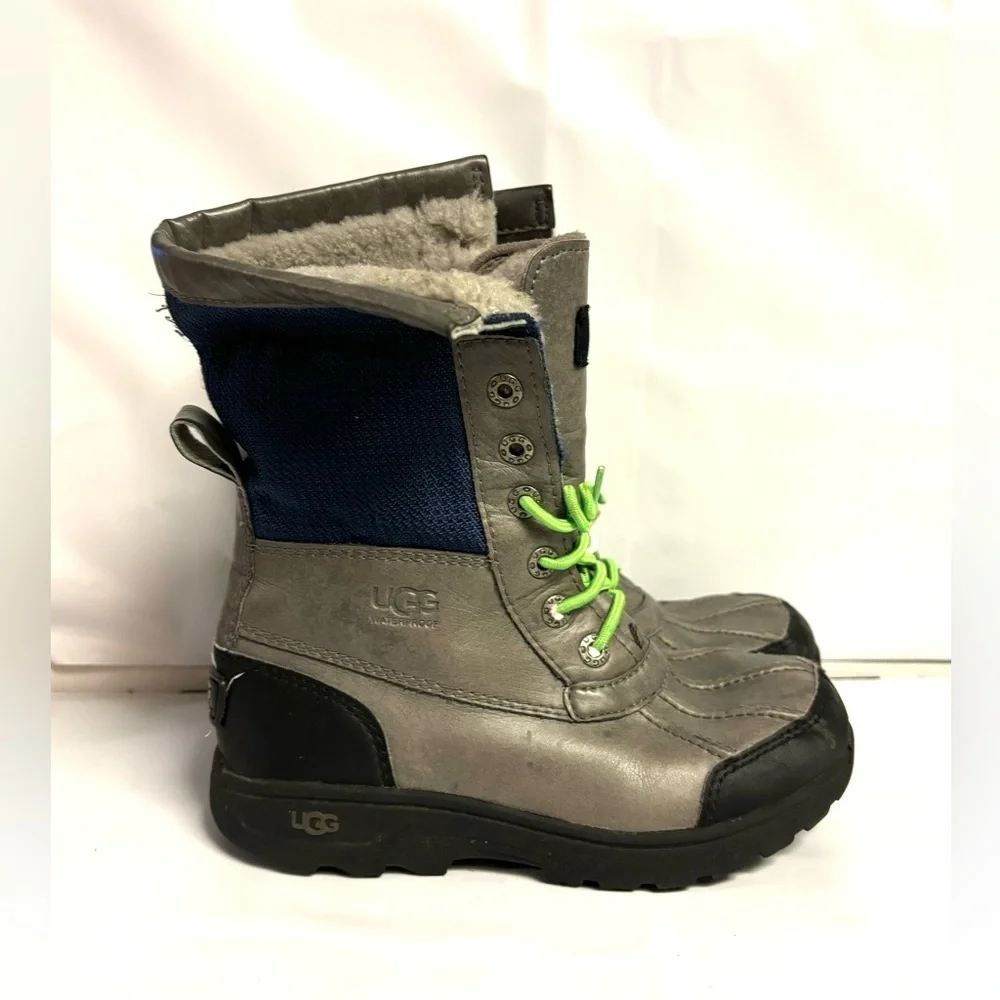 UGG Butte II Grey Gray Leather Short Snow Boots Size 1 Unisex Boys Girls